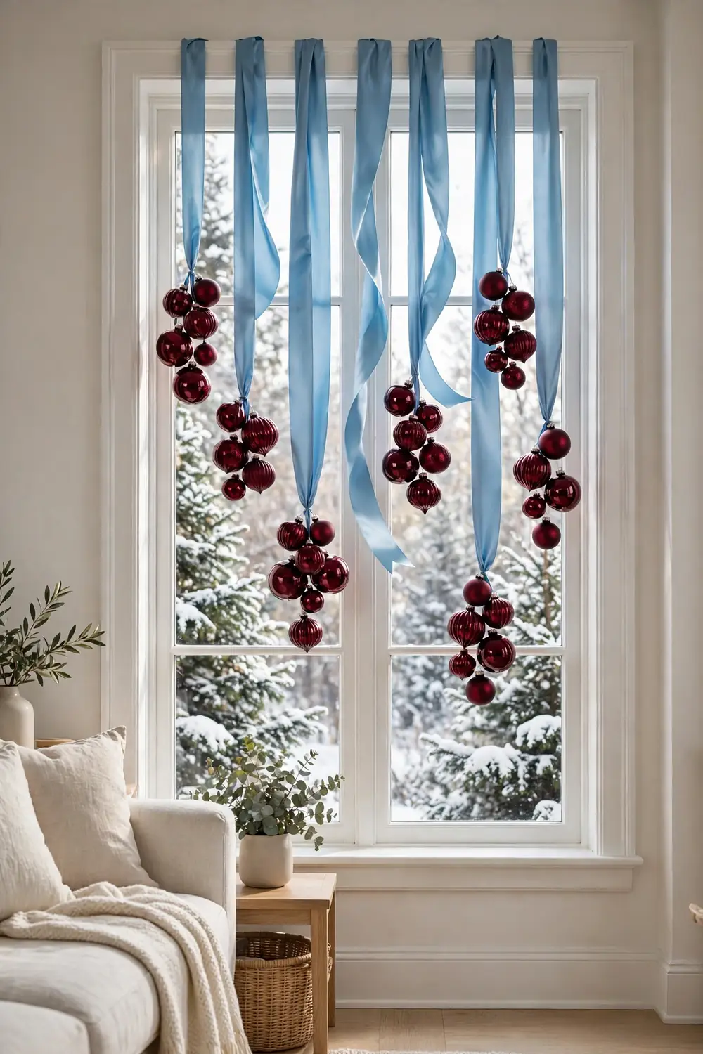 Burgundy ornaments on sky blue ribbons Christmas window display Burgundy glass ornament clusters hanging from sky blue ribbons in a window