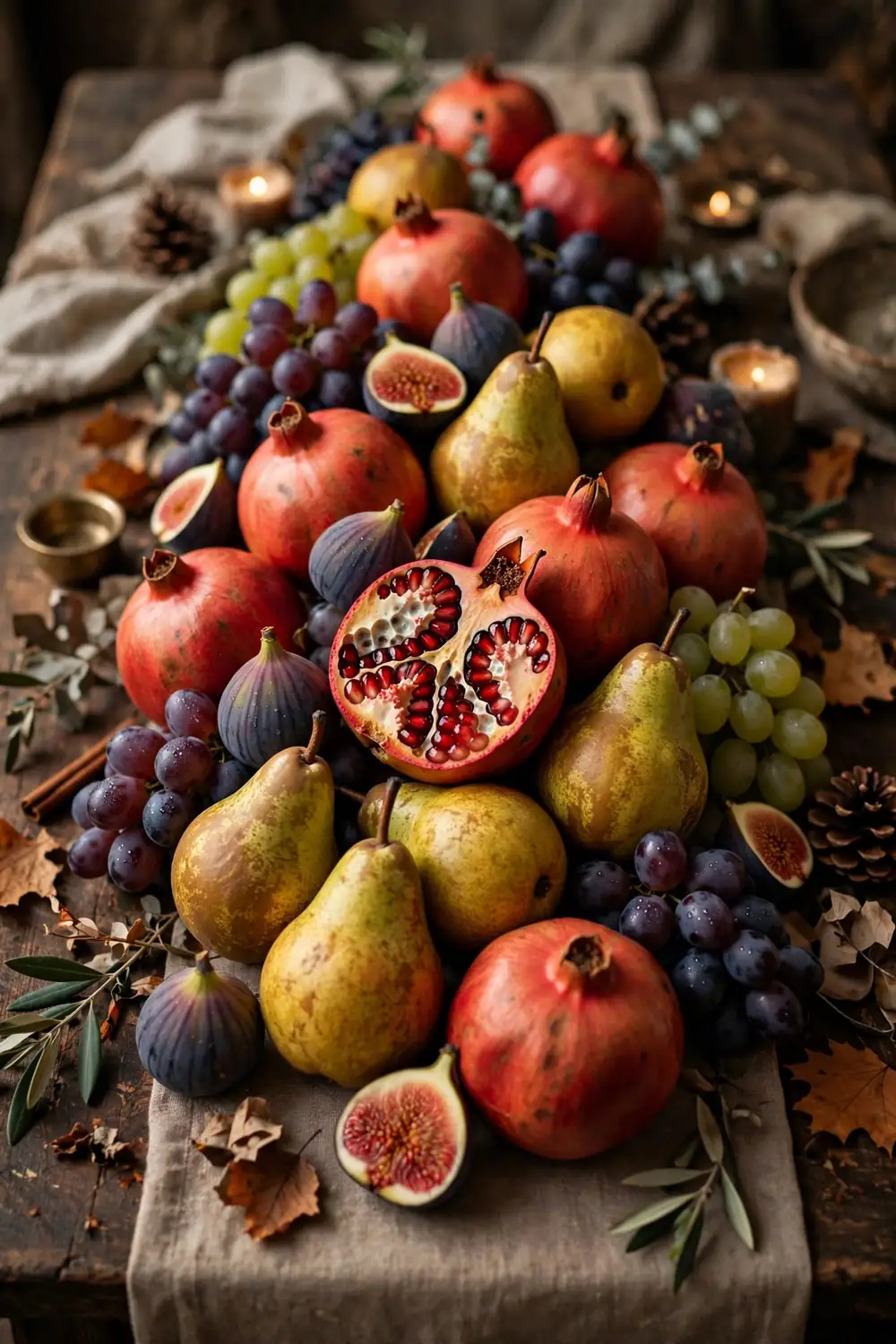 Thanksgiving table with harvest fruit cascade of pomegranates and figs