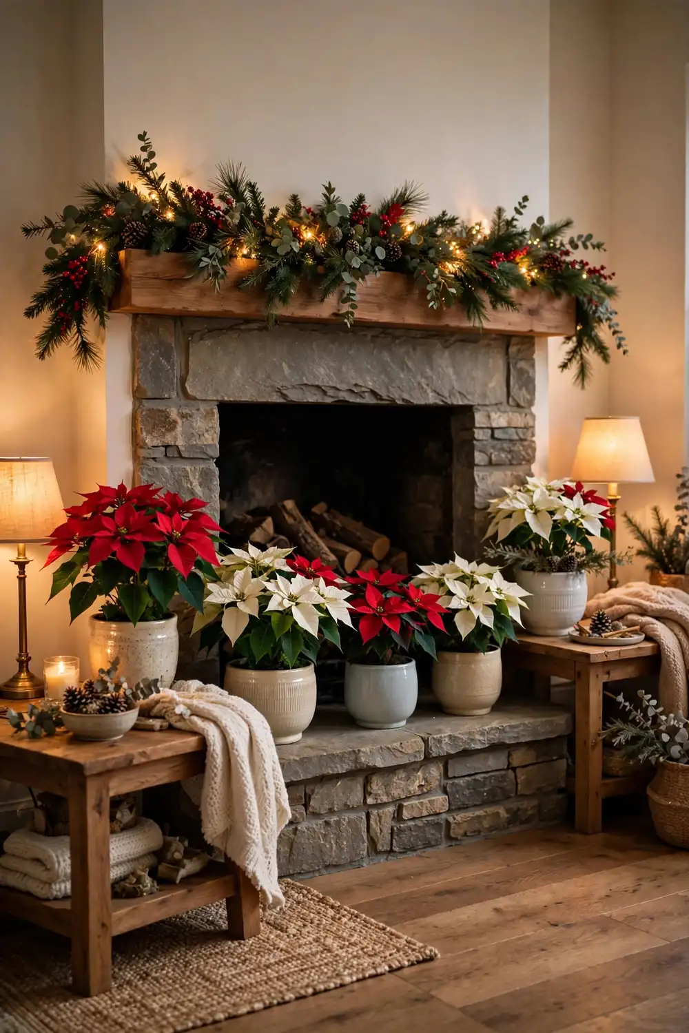 Groupings of red and white poinsettias in Christmas living room