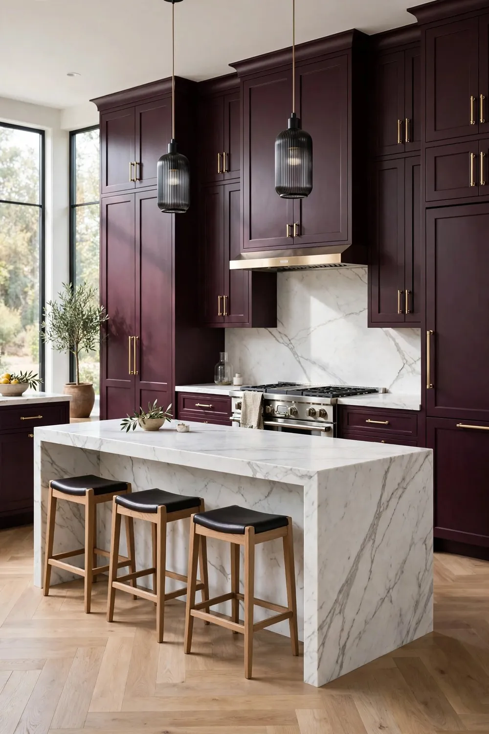 Aubergine kitchen with white marble waterfall island