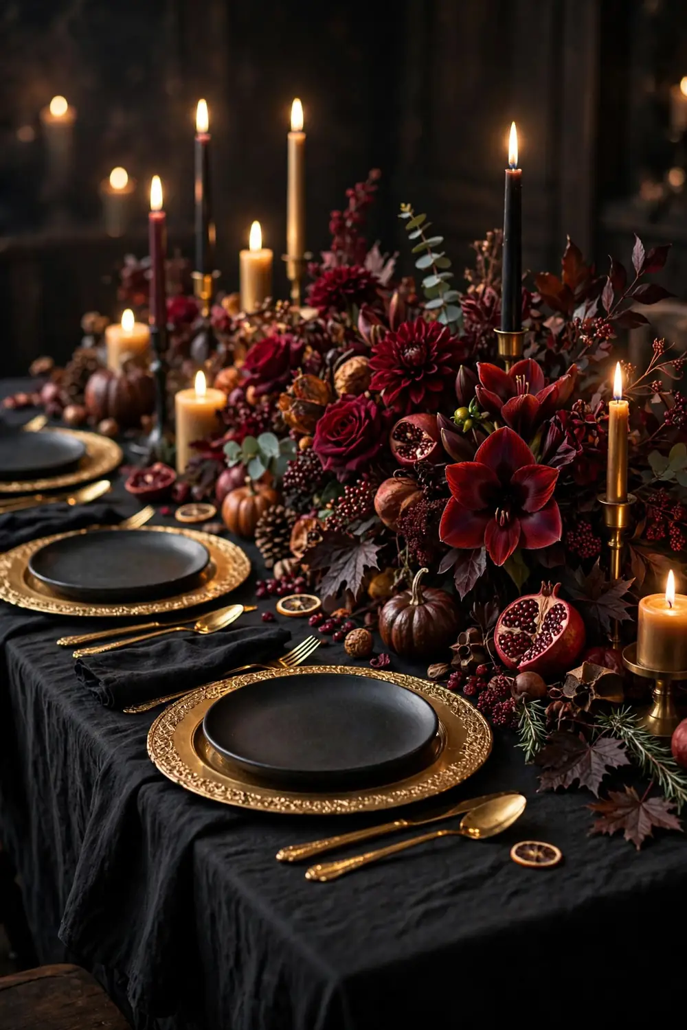 Formal black and gold Thanksgiving tablescape with burgundy florals