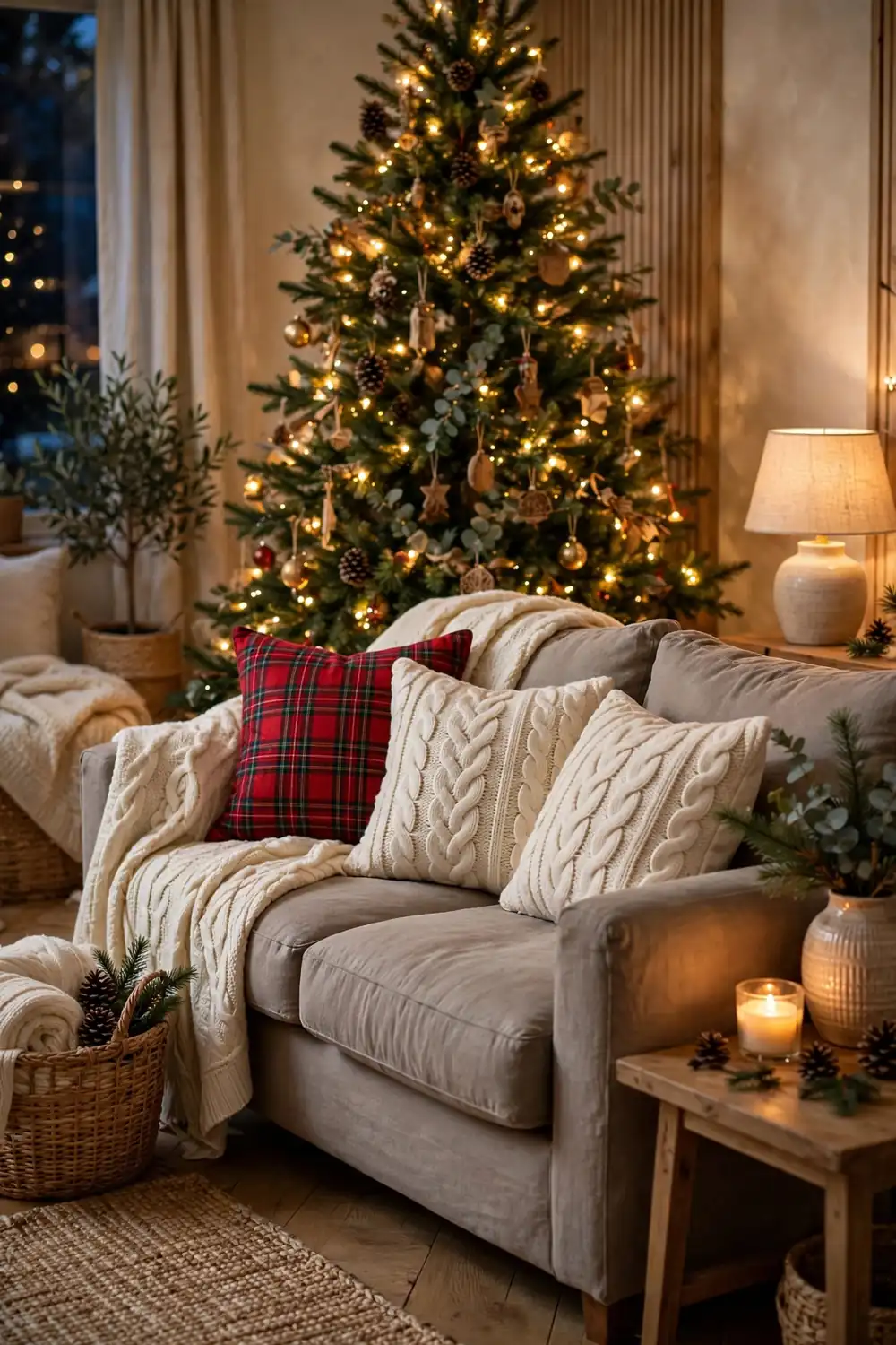 Sofa with Christmas pillow covers in plaid and knit