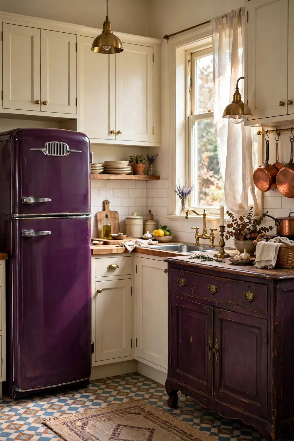 Kitchen with vintage aubergine retro fridge and cream cabinets