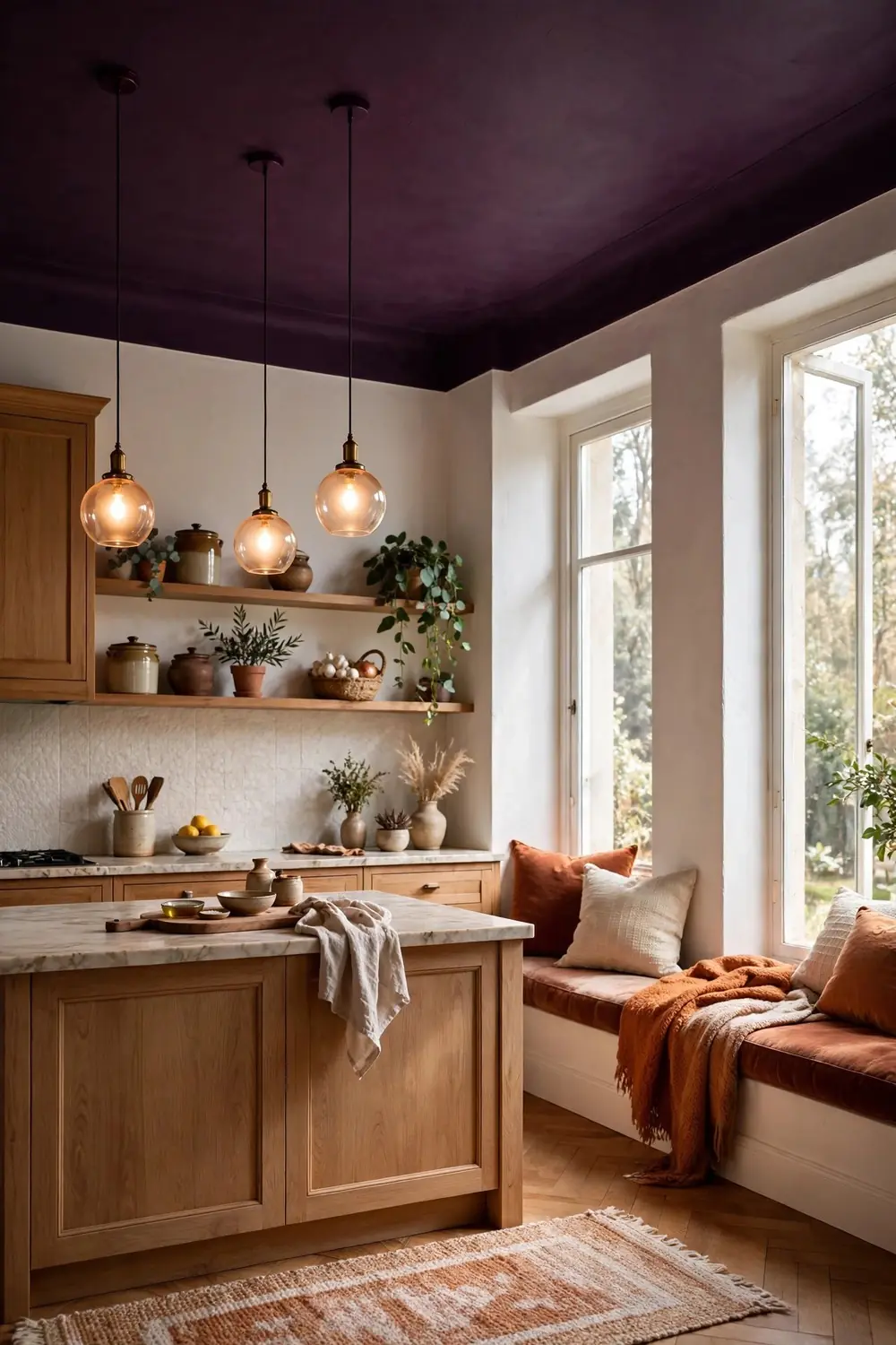 Kitchen with deep aubergine painted ceiling and white walls