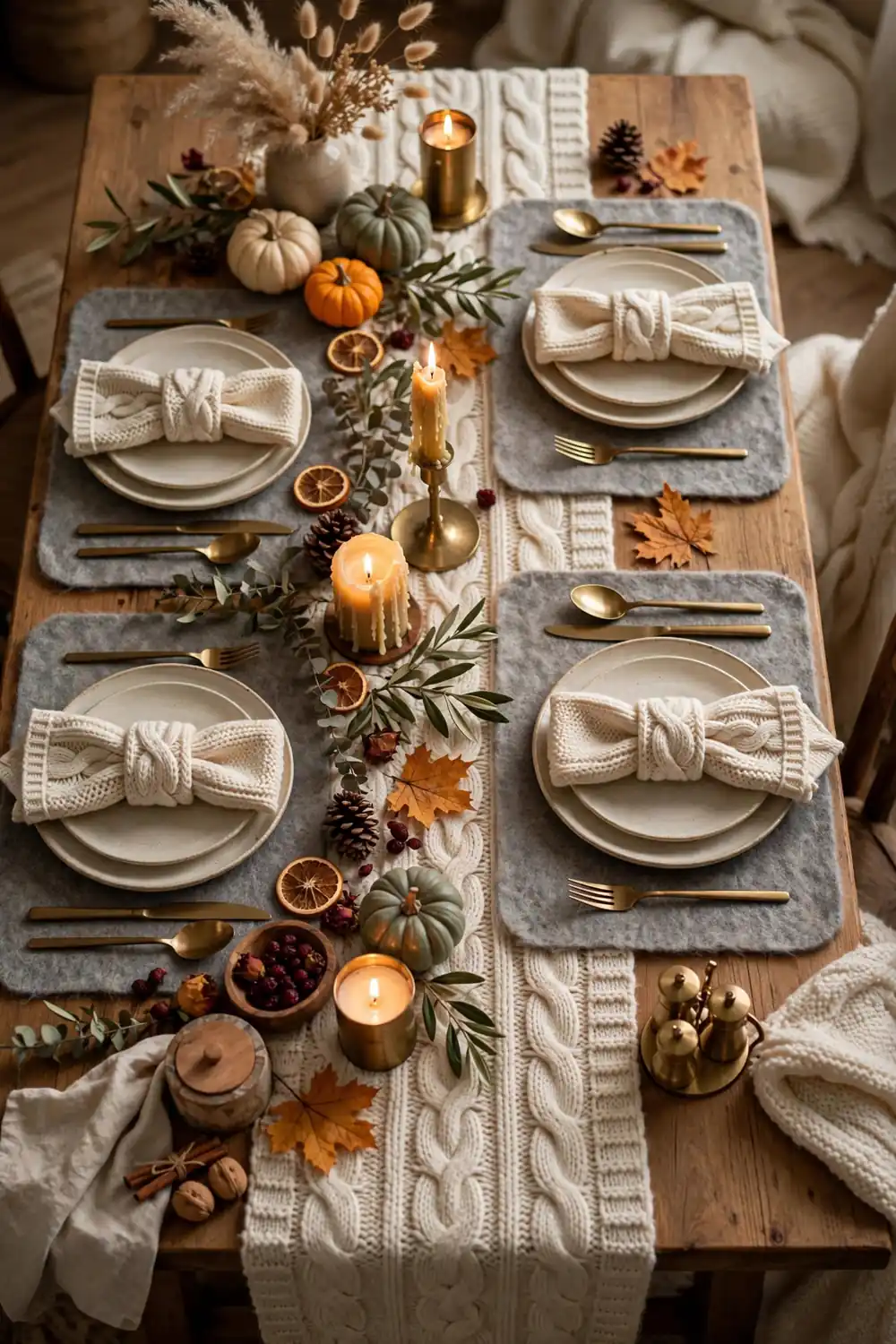 Cozy hygge Thanksgiving table with knit runner and wool placemats
