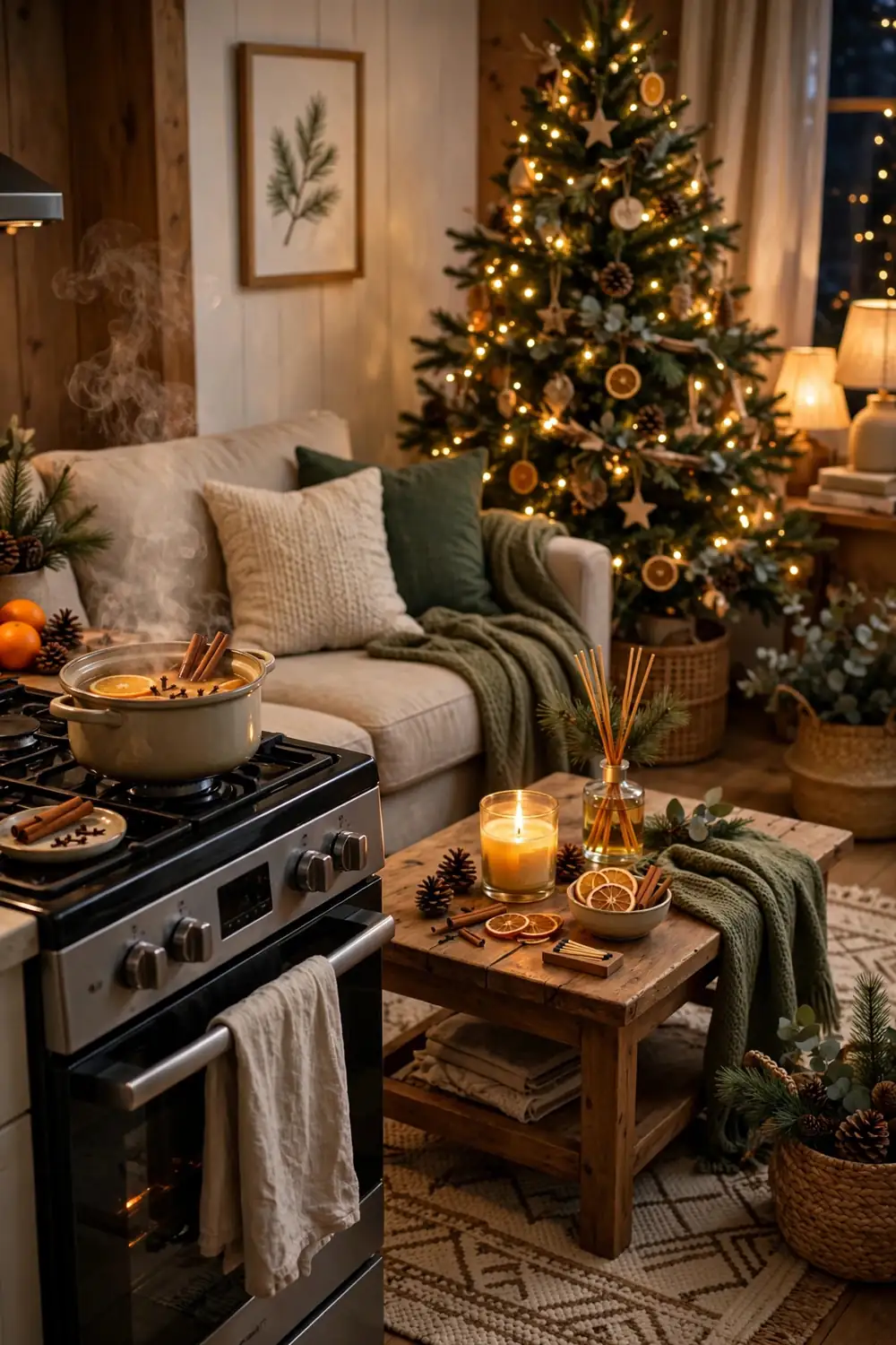 Christmas living room with simmering orange clove pot