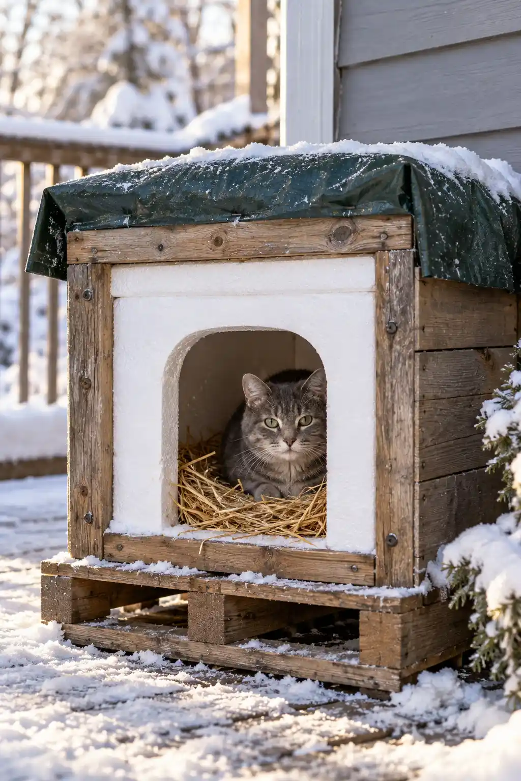 Here is add alt text: Styrofoam cooler cat shelter placed inside a protective wooden box with a small entrance for an outdoor cat.