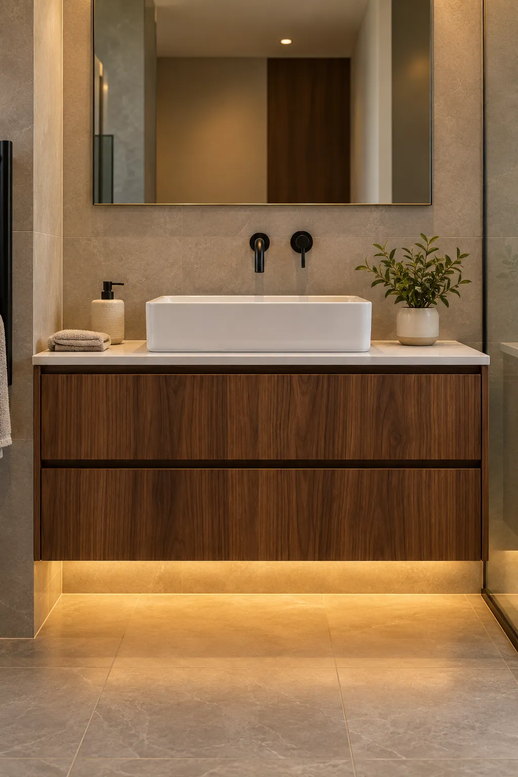 Modern floating bathroom vanity with deep drawers and warm LED lighting underneath for a soft floor glow.