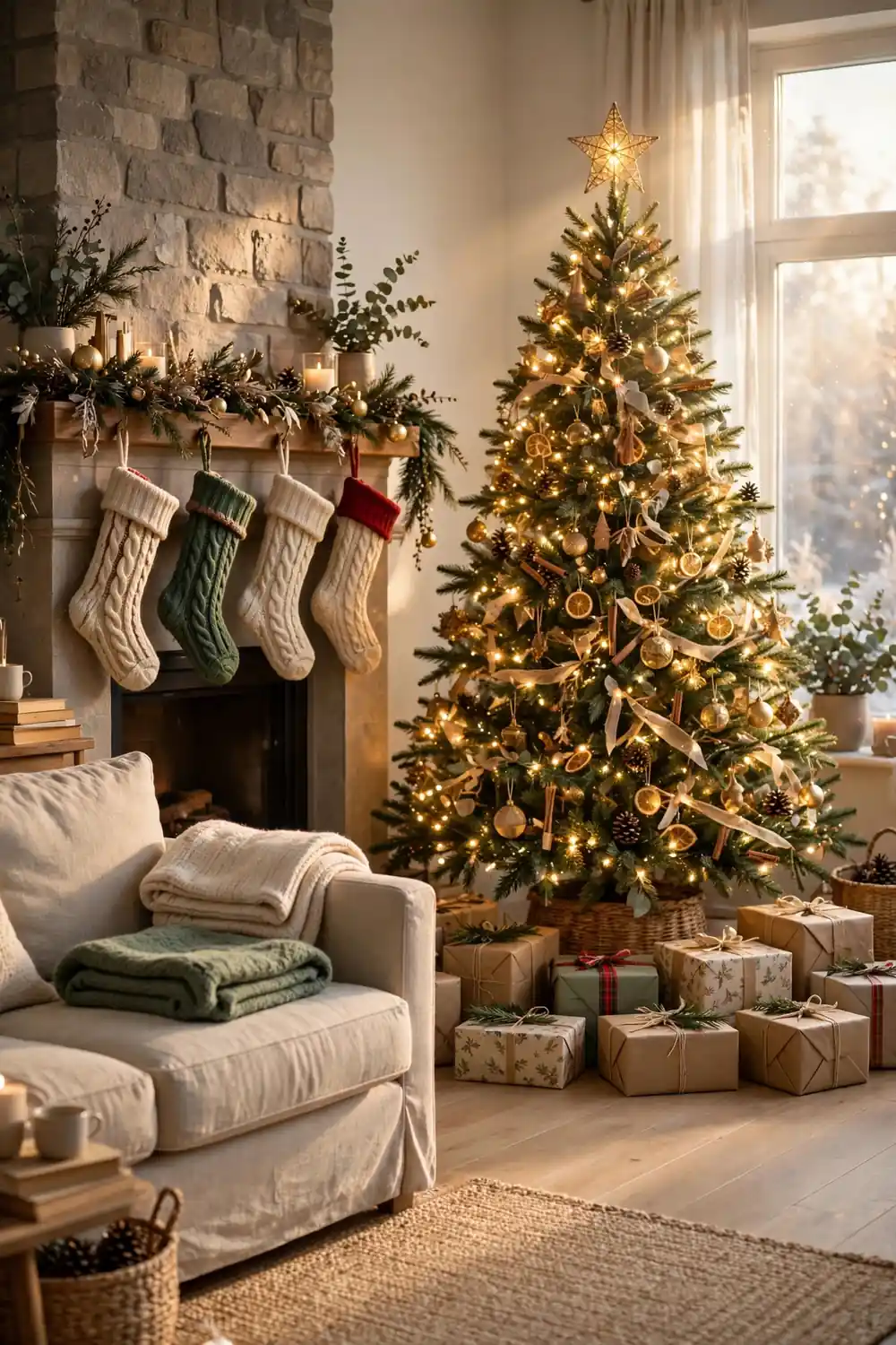 Living room ready for Christmas morning with tree and presents