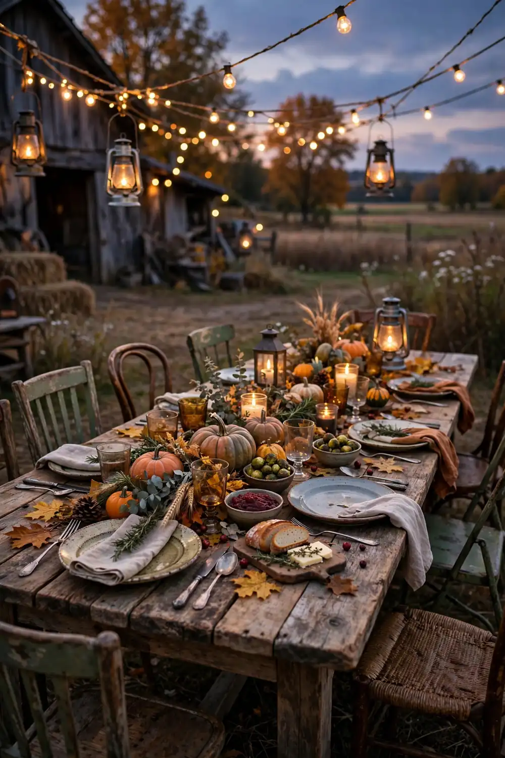 Outdoor orchard Thanksgiving table with string lights at dusk
