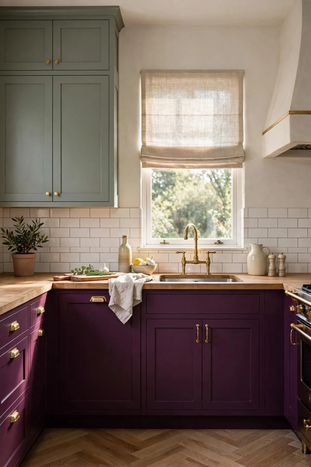 Kitchen with aubergine base cabinets and sage green uppers