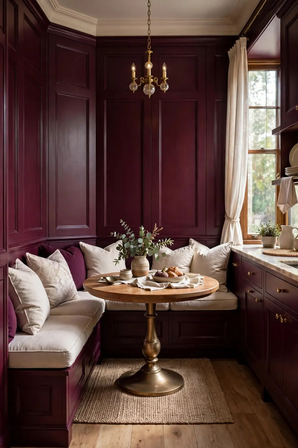 Jewel box breakfast nook wrapped in deep aubergine