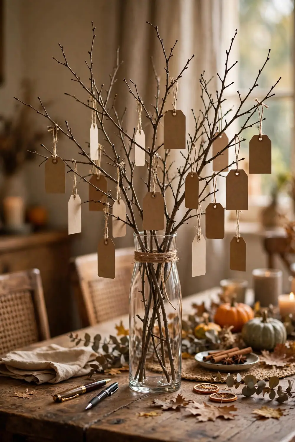 Thanksgiving gratitude tree centerpiece with paper tags in vase