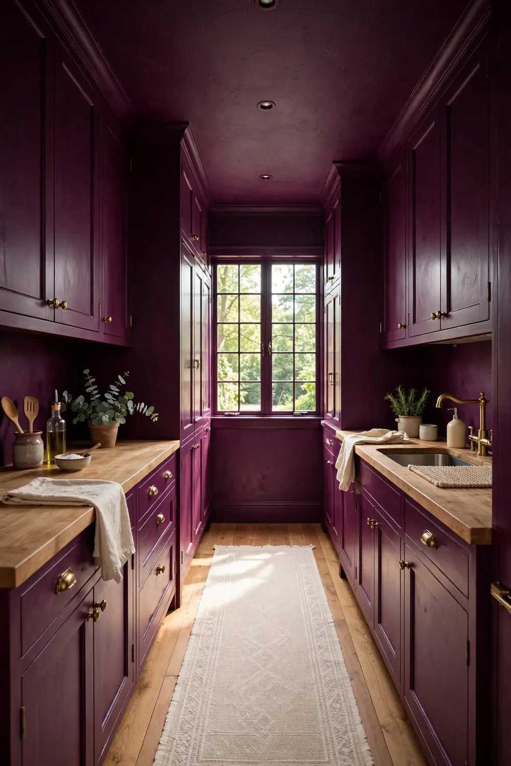 Galley kitchen fully enveloped in deep aubergine purple