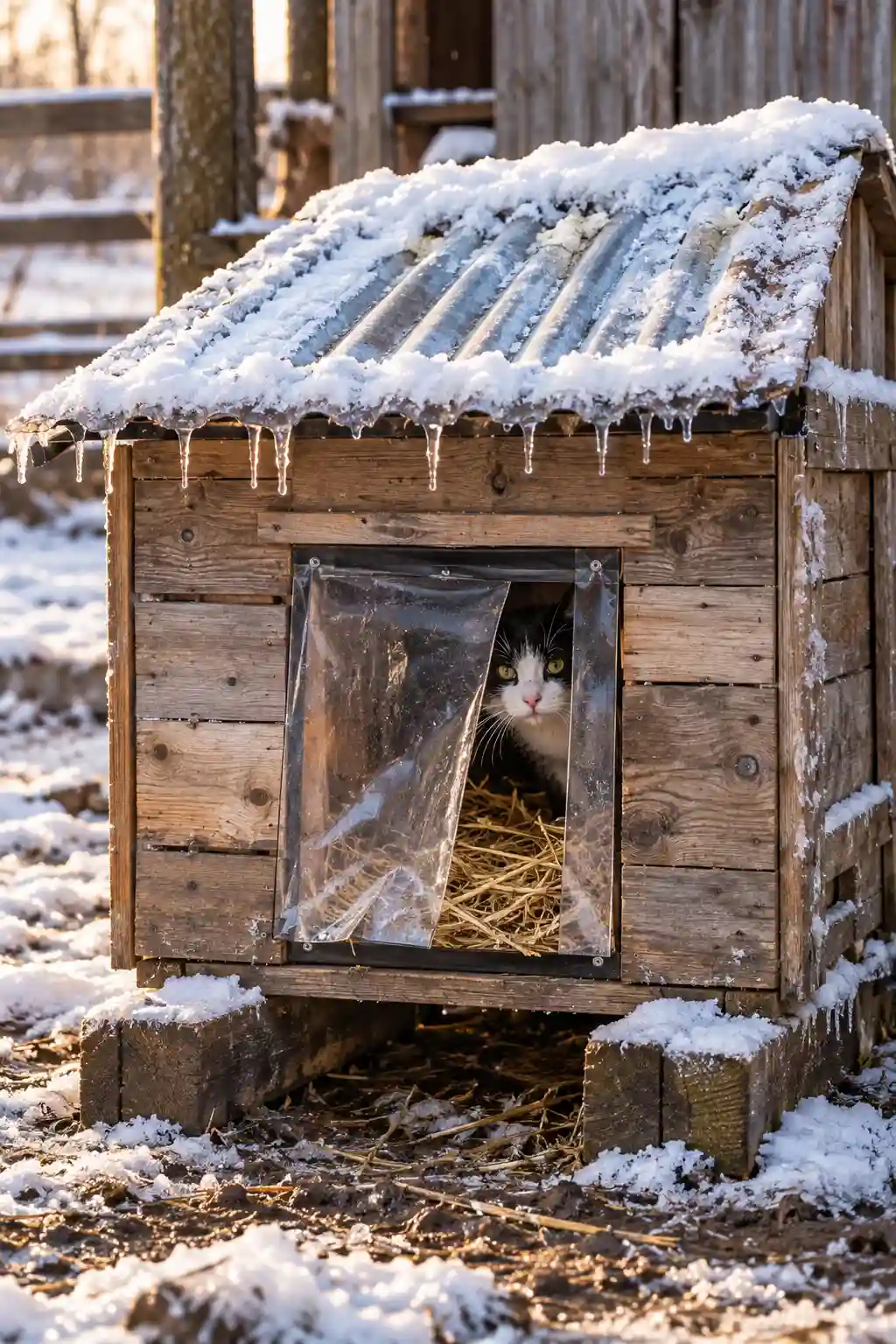 Here is add alt text: Small wooden pallet cat shelter with a slanted roof and fresh straw bedding for winter outdoor protection.