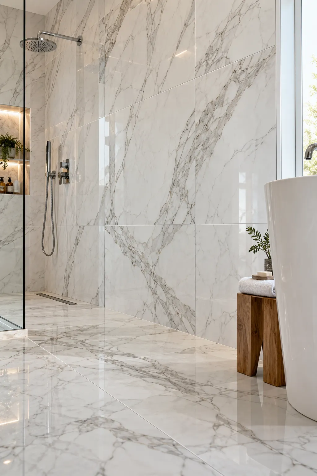 Modern bathroom featuring large-format porcelain tiles with minimal grout lines for a seamless and easy-to-clean look.