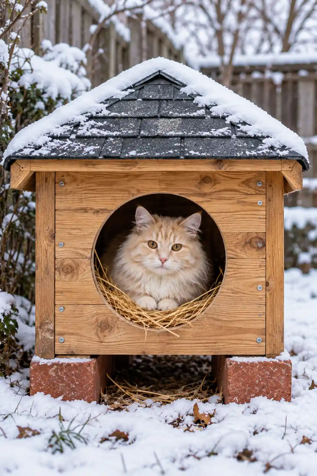 Here is add alt text: Wooden crate cat cabin with reinforced walls, waterproof roof, and raised brick supports to keep it off the cold ground.