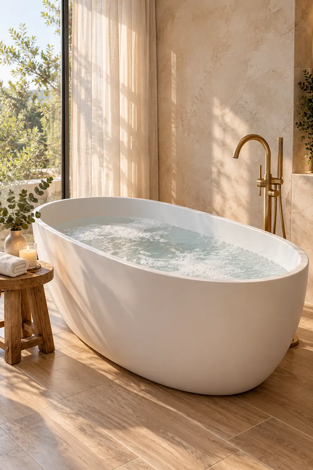 Freestanding soaking tub positioned as the focal point of a modern bathroom with a floor-mounted tub filler.