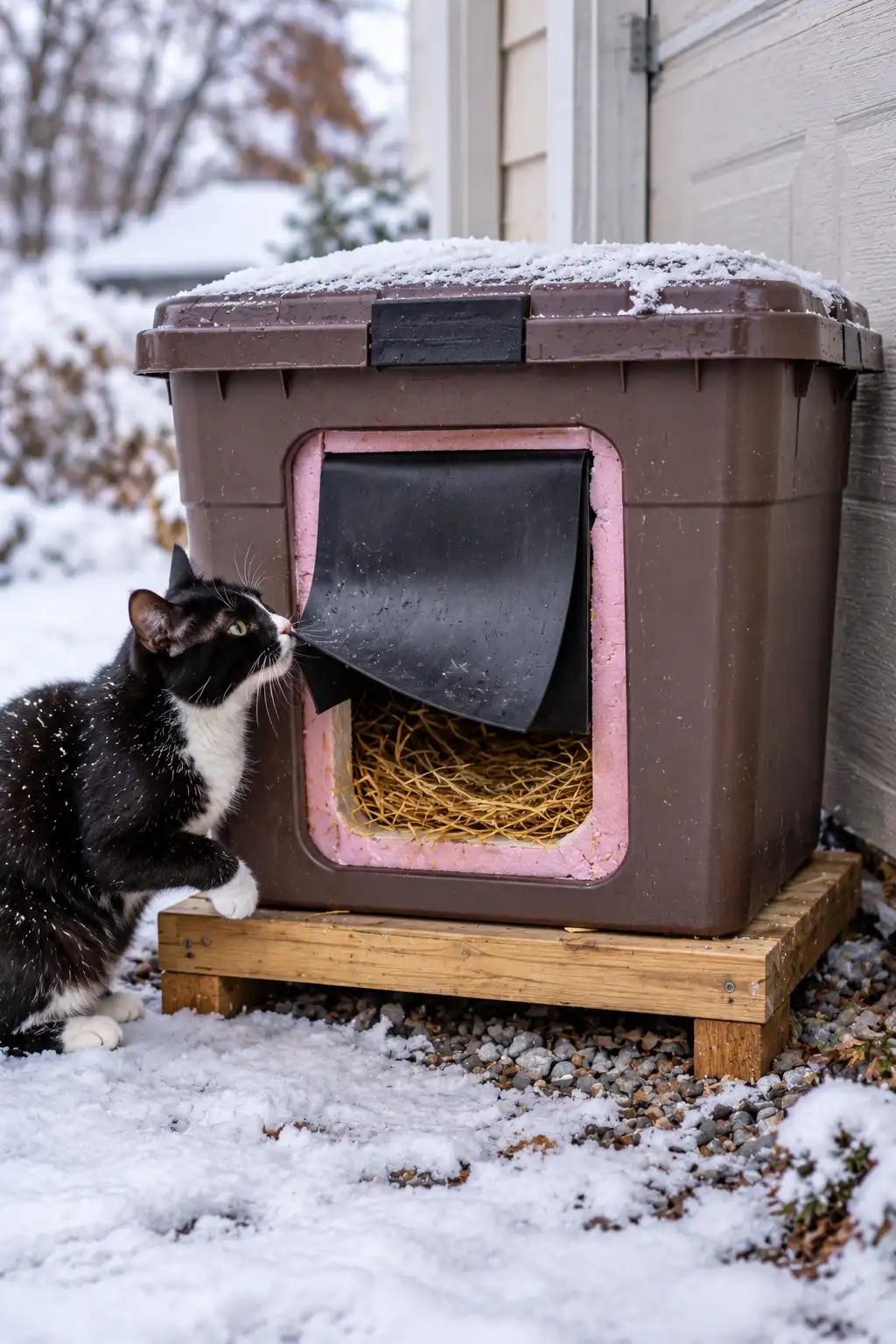 Here is add alt text: Double wall storage bin cat shelter with rigid foam insulation between the bins and a wind blocking door flap.