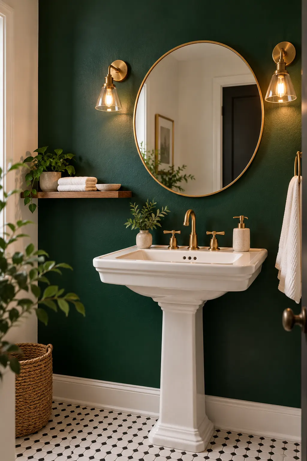 Modern bathroom with a bold statement accent wall behind the vanity or tub using rich color, patterned tile, or textured panels.