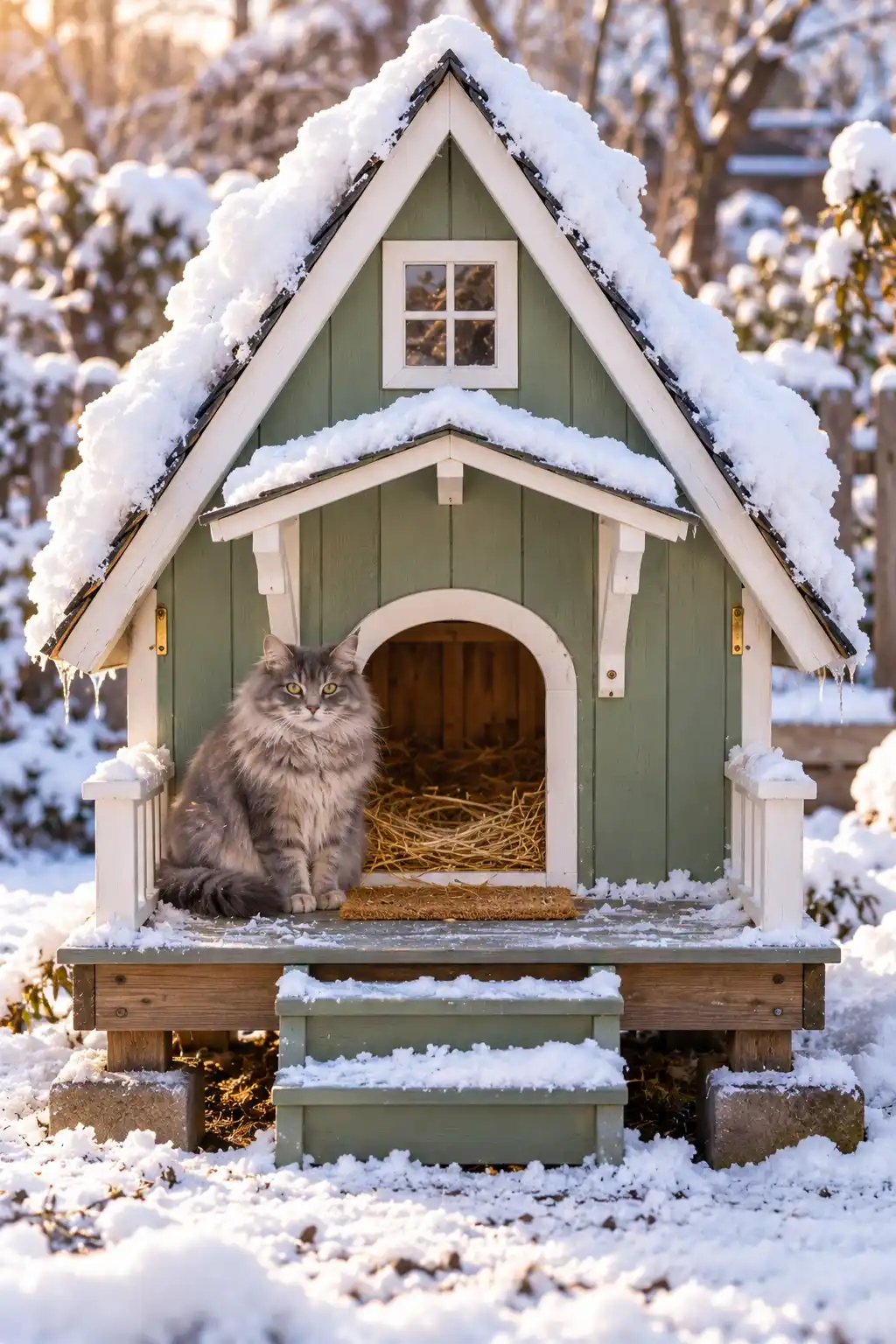 Here is add alt text: Small A frame wooden cat house with a peaked waterproof roof and covered entrance designed for winter weather.