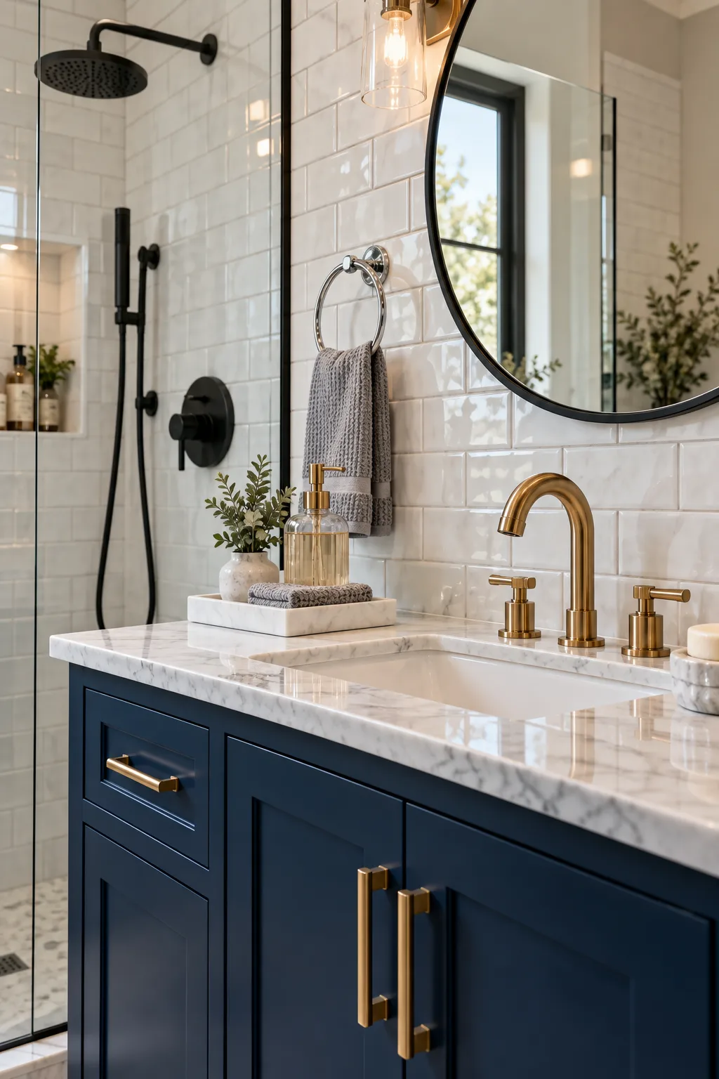 Stylish bathroom with mixed metal fixtures combining brushed brass, matte black, and coordinating hardware for a layered look.