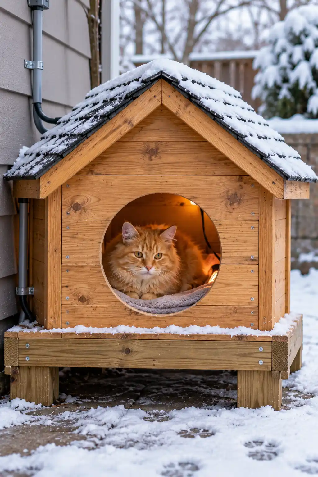 Outdoor wooden cat house with a pet safe heated pad and protected power cord for providing warmth during winter.