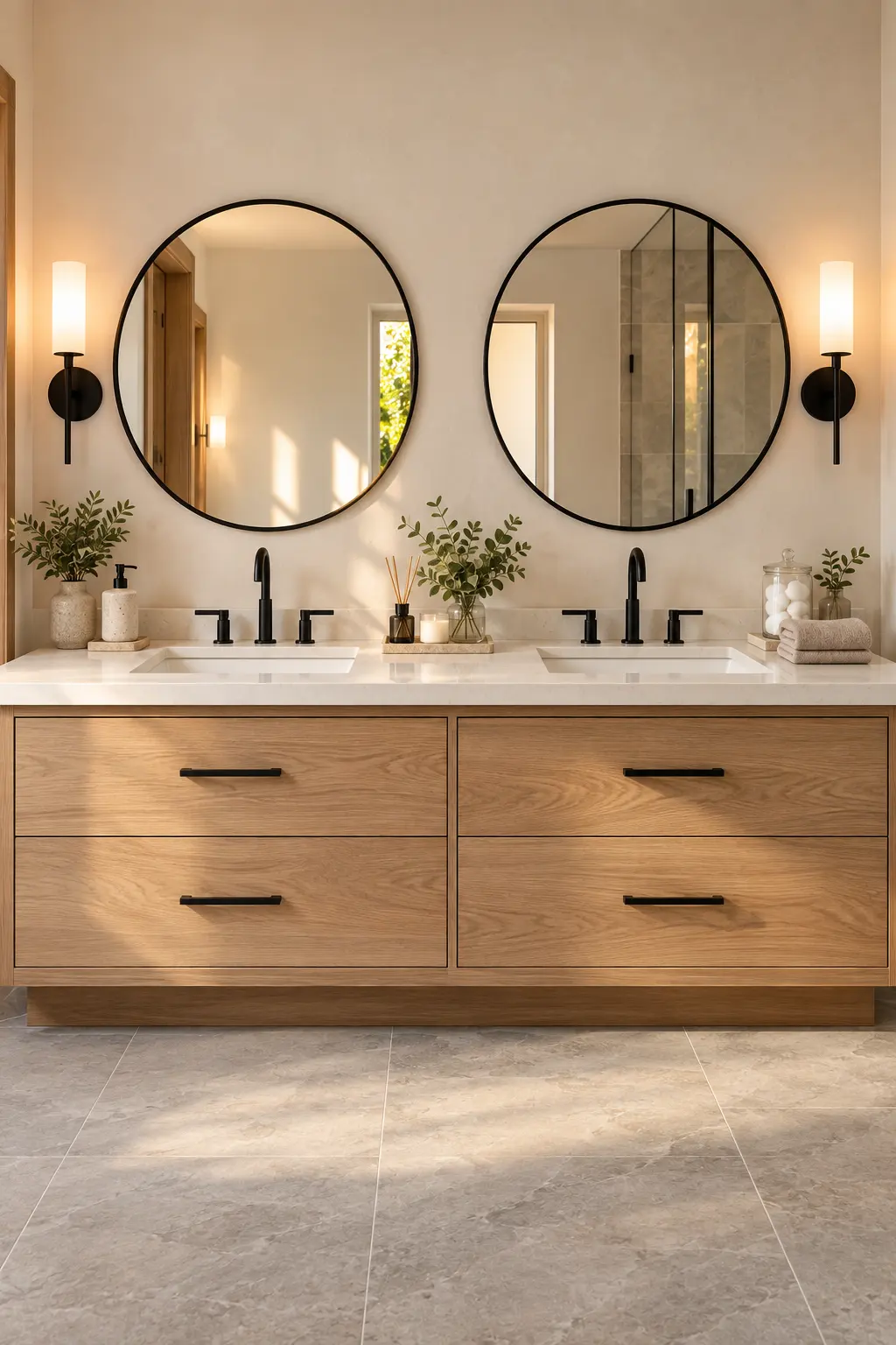 Modern double bathroom vanity with two sinks, individual framed mirrors, and wall sconces positioned beside each mirror.