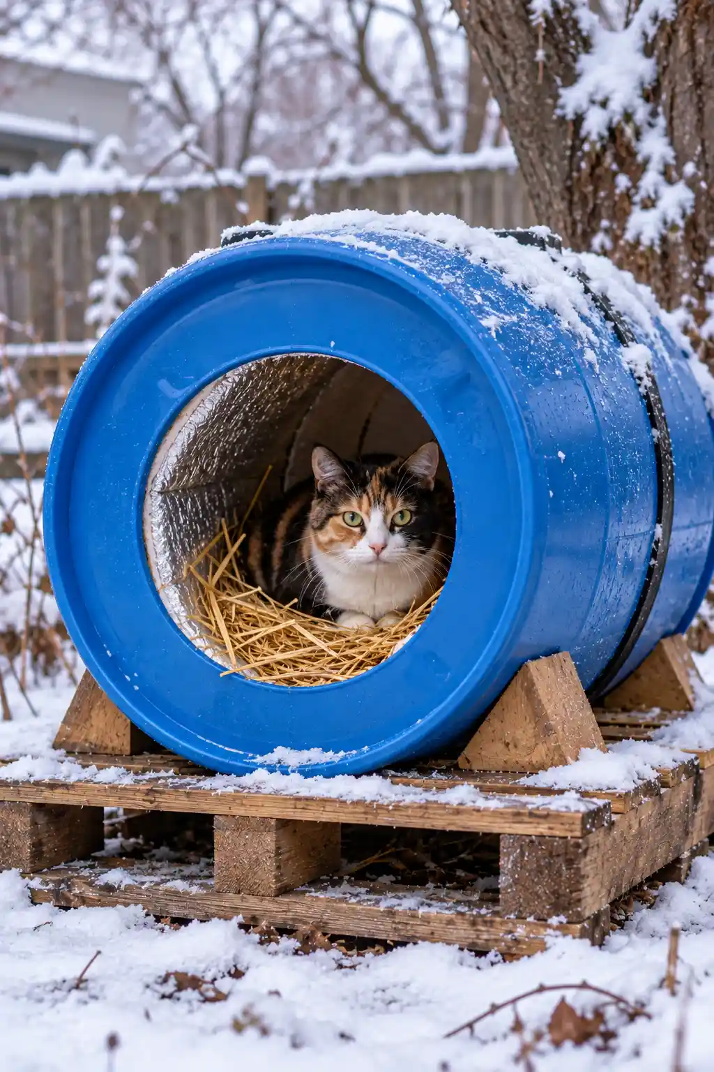 Recycled plastic barrel cat den with an entrance opening, foam insulation, and fresh straw bedding for winter shelter.