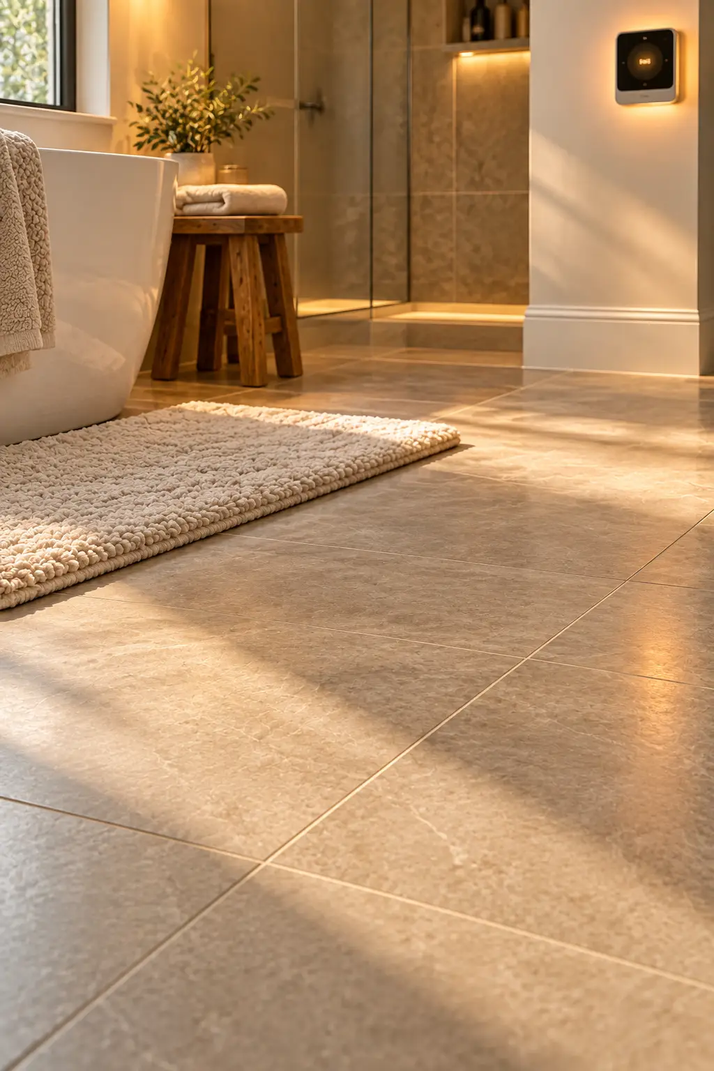 Modern bathroom with heated tile flooring using an electric radiant heating system for added comfort after showers.
