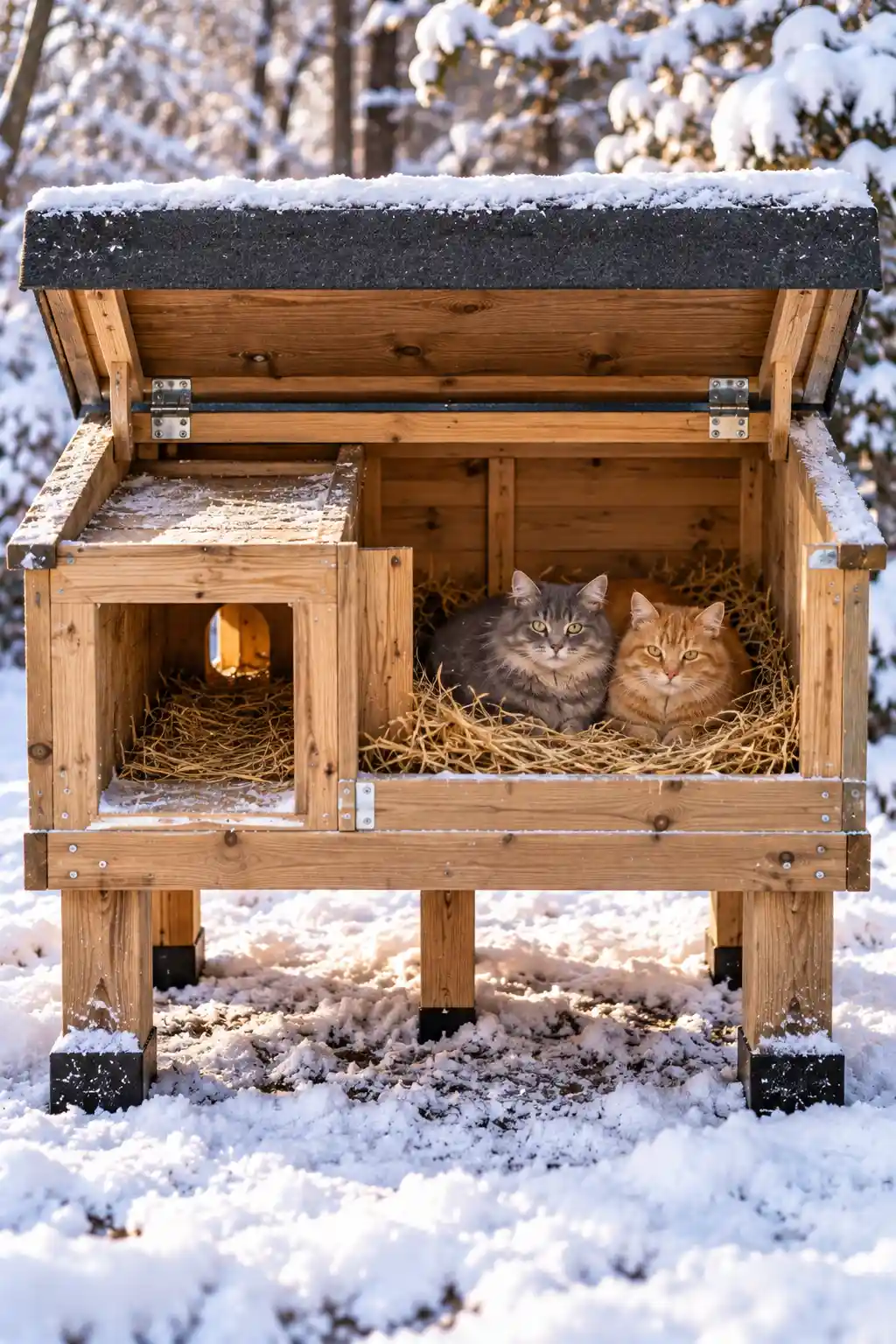 Two room outdoor cat shelter with an entry tunnel and insulated inner chamber designed to block cold winter air.