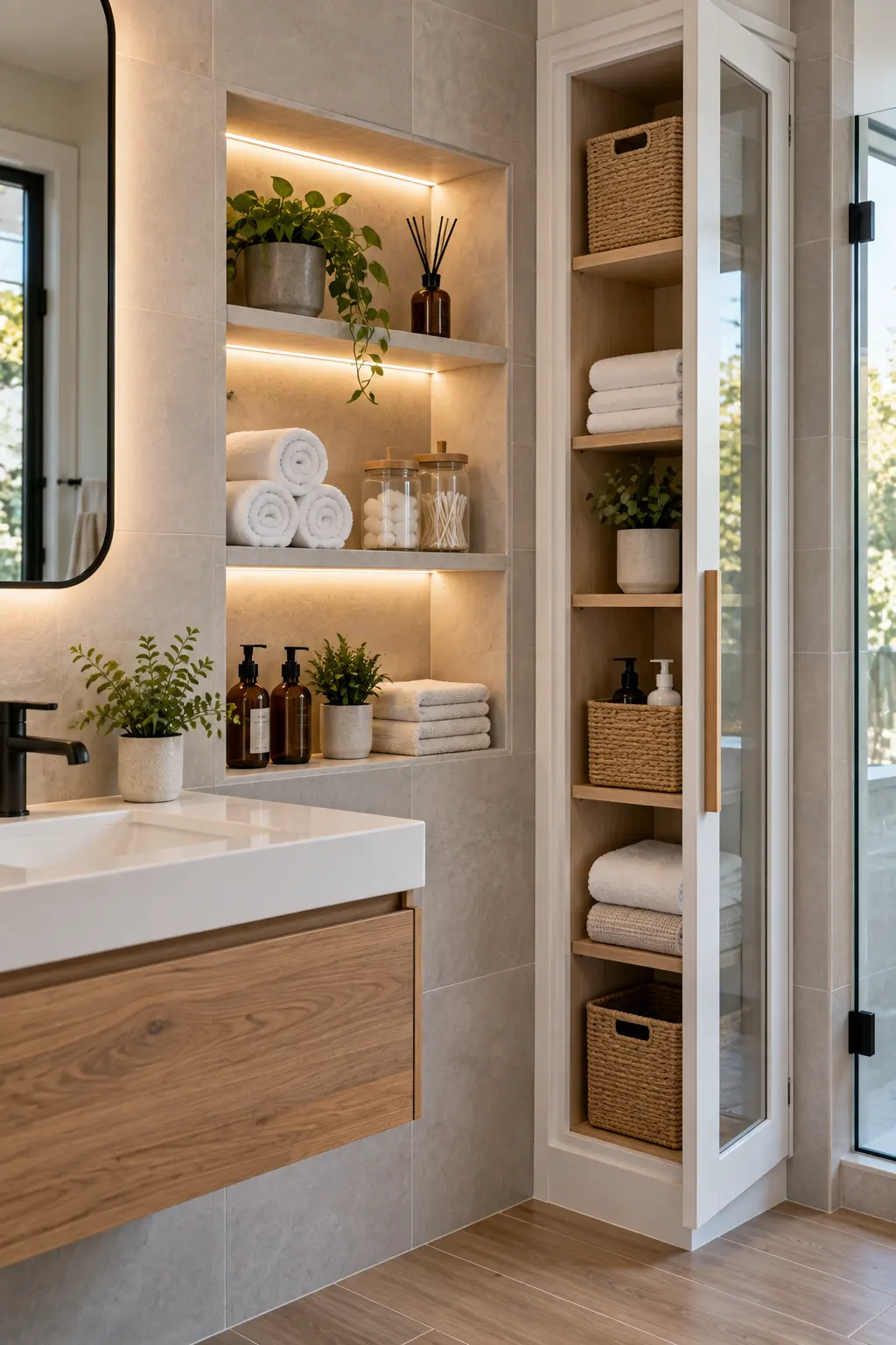 Space-saving bathroom storage with a recessed wall niche, tall slim cabinet, and over-toilet shelving with baskets.