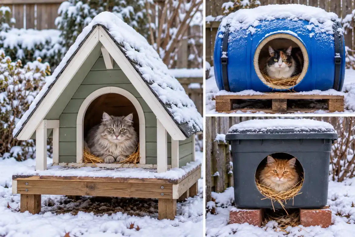 Collage of insulated outdoor winter cat house Ideas including plastic tote shelters, wooden cabins, barrel shelters, and raised huts designed to keep cats warm and dry.