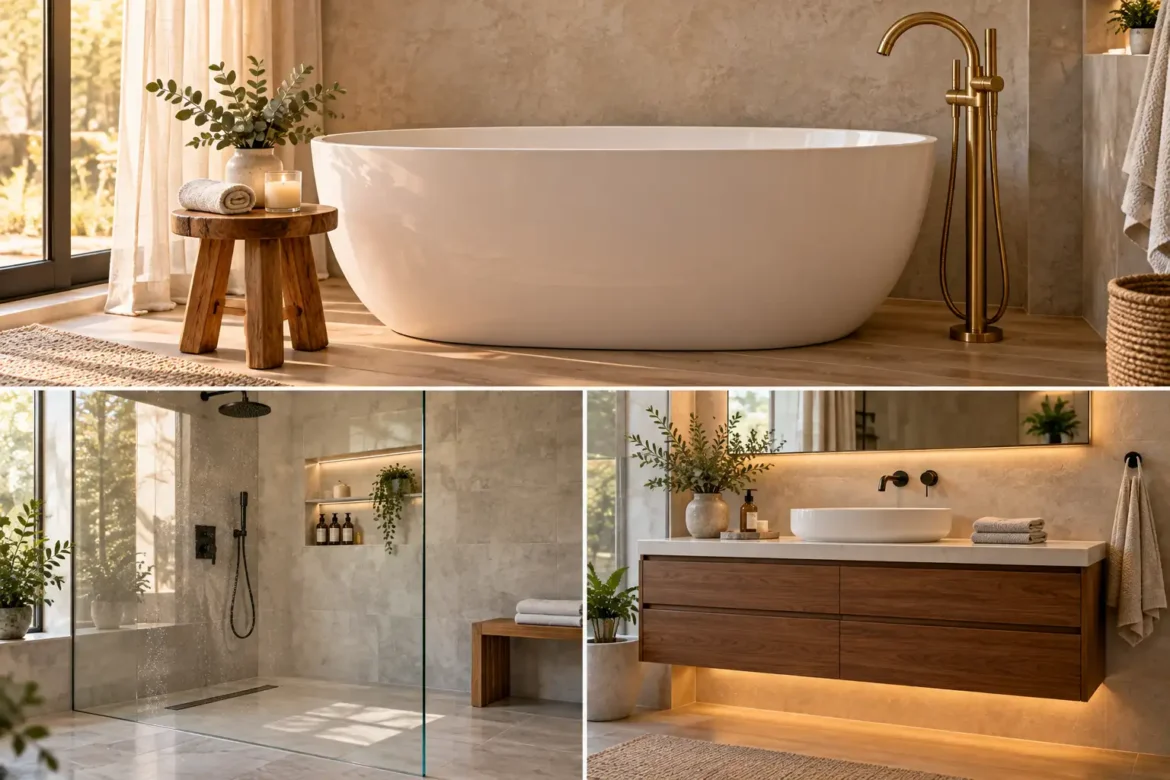 Modern bathroom design collage featuring a frameless walk-in shower, floating vanity, freestanding tub, large-format tile, layered lighting, and stylish storage ideas. bathroom remodel ideas