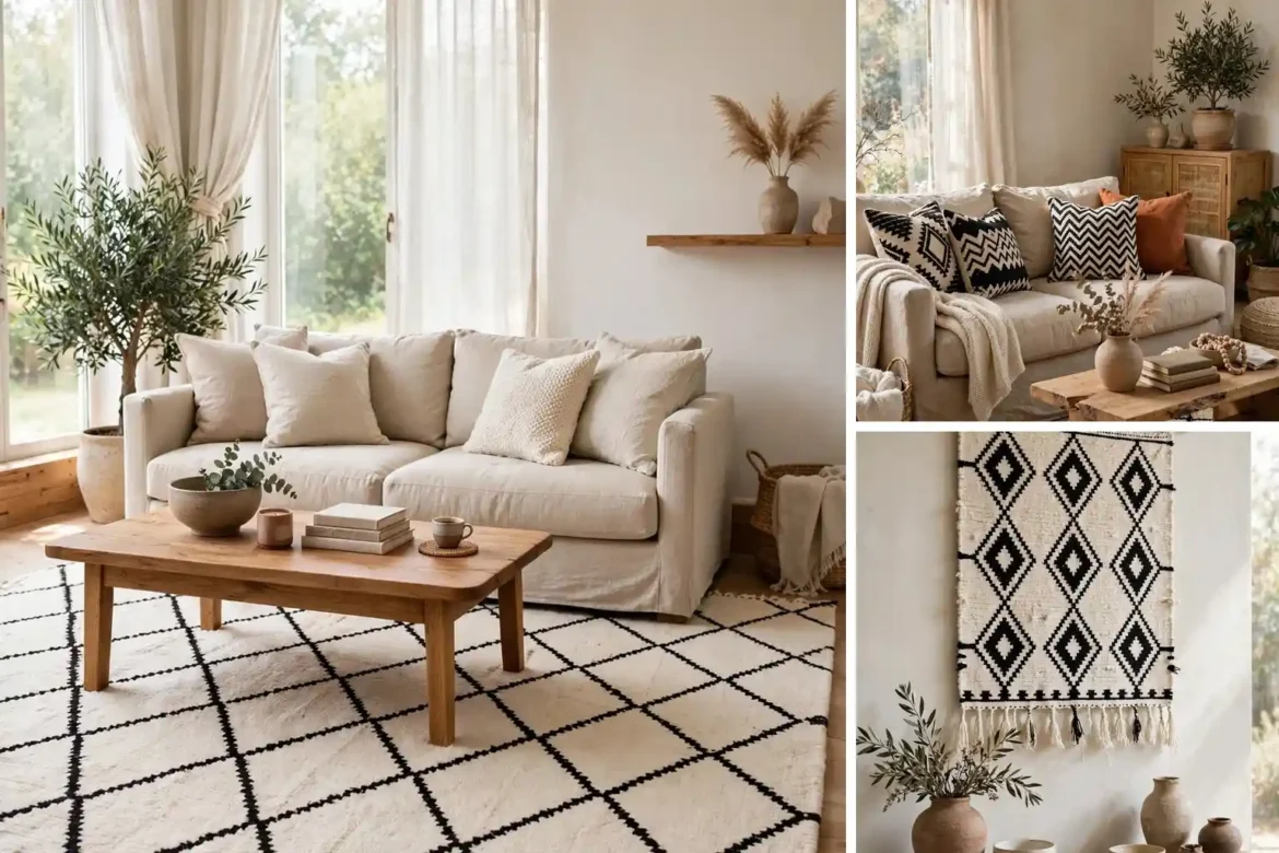 Berber motif decor ideas collage with diamond rug, patterned pillows and wall hanging