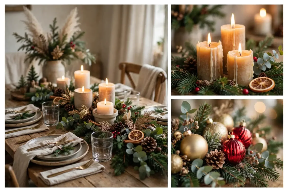 Christmas centerpiece ideas for a stunning holiday table, festive dining table with candles and greenery