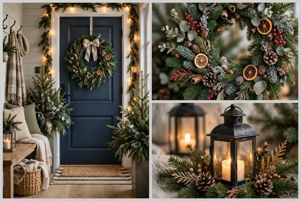 Christmas entryway decor ideas collage showing a decorated foyer, wreath and lantern details