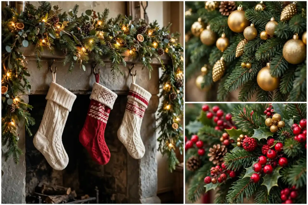 Lush christmas garland decor ideas triptych with mantel garland and ornament closeups