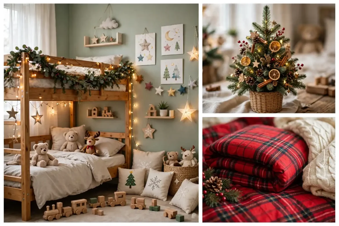 Christmas kids room decor ideas featured image with a festive decorated kids bedroom