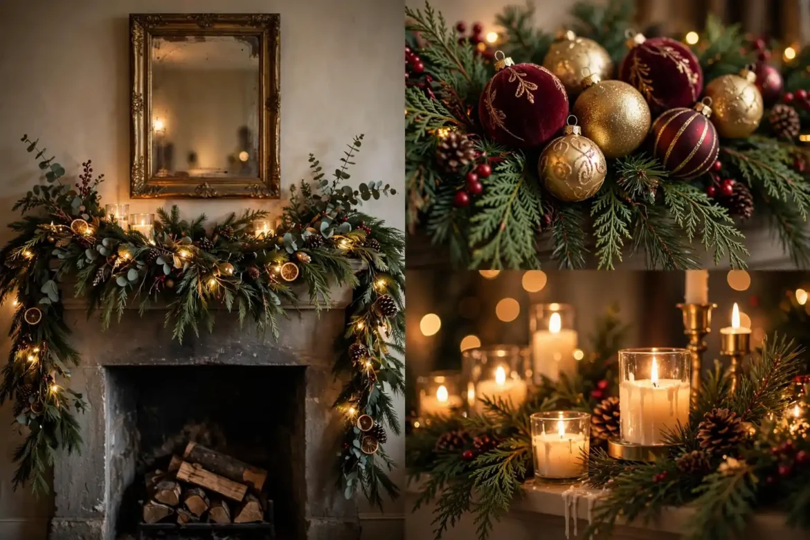 Featured collage of christmas mantel decor ideas with garland, ornaments, and candlelight