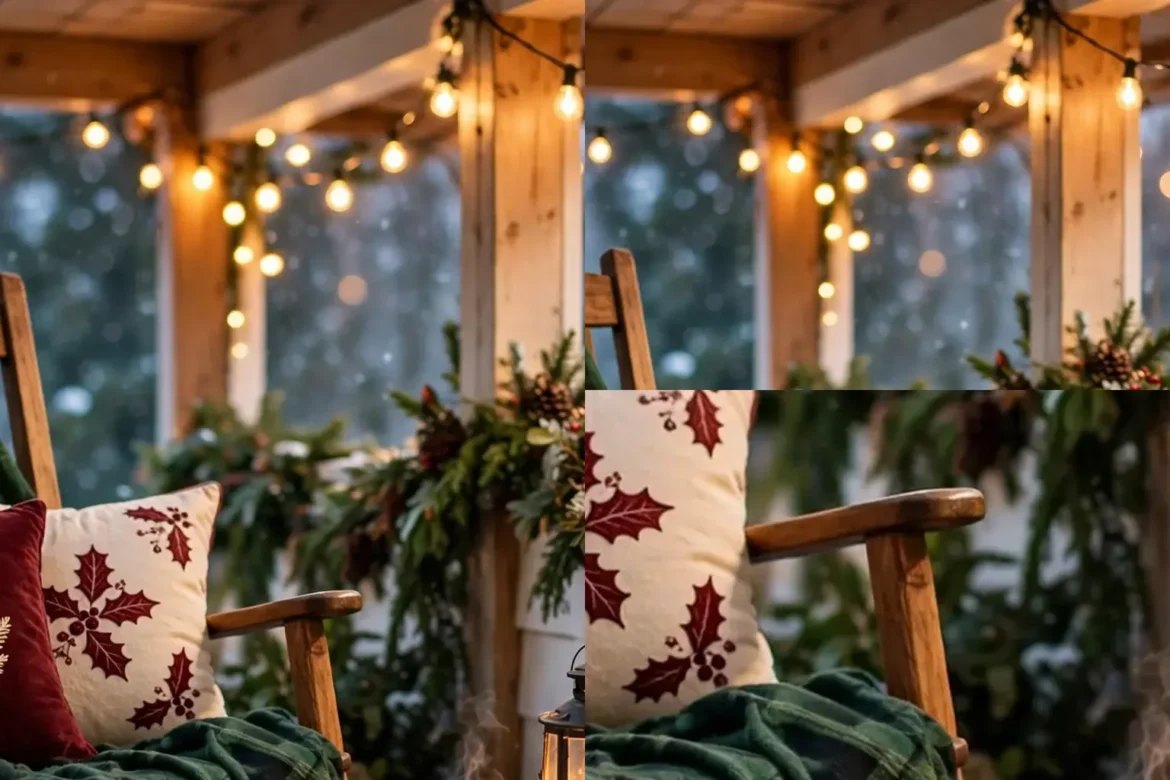 Beautiful christmas porch decor ideas display with wreath, garland, lanterns, and glowing lights on a festive front porch