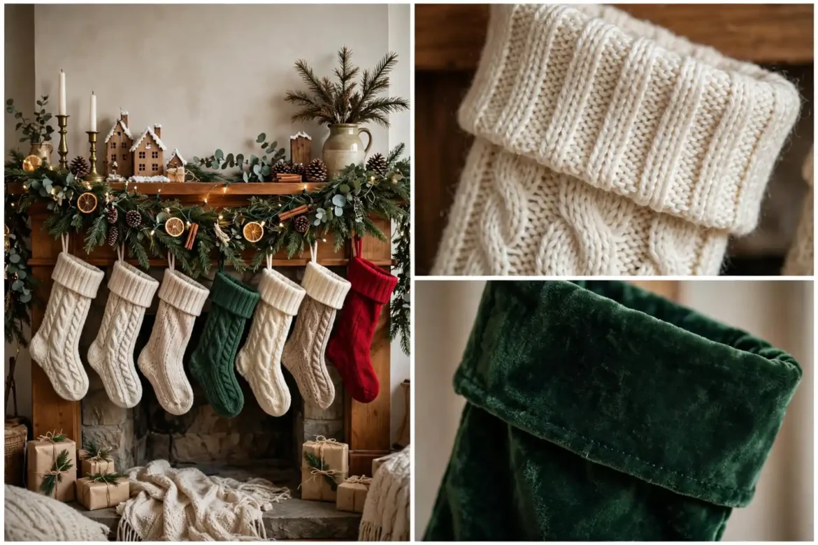 Christmas stocking decor ideas featured mantel display with knit, velvet and lace stockings