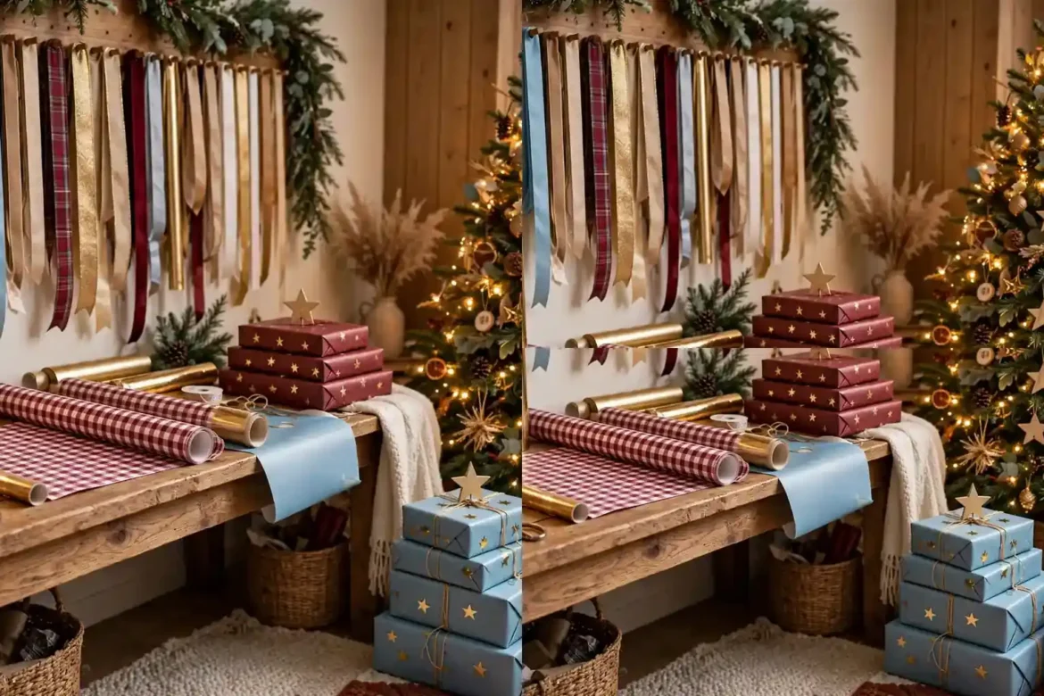 Gorgeous christmas wrapping station ideas display with a rolling cart, patterned paper rolls, ribbon spools, and wrapped gifts