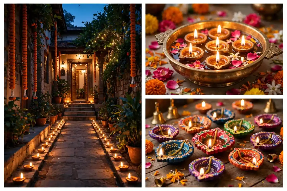 Collage of diya decoration ideas showing an entrance lined with lit diyas, a brass urli with floating diyas, and painted clay diyas