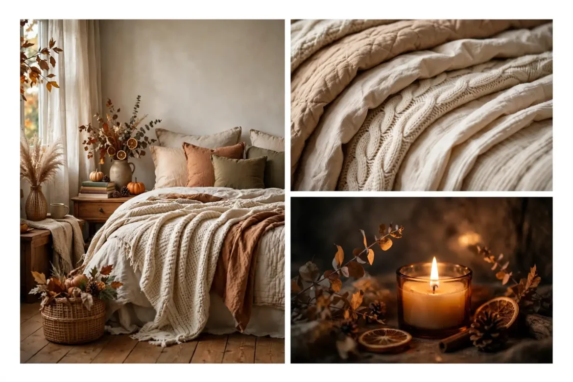 Cozy fall bedroom decor featured image collage with layered bedding and warm autumn textures