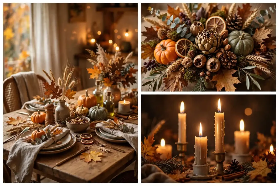 Cozy fall dining room ideas decor featured image collage with harvest table and warm candlelight