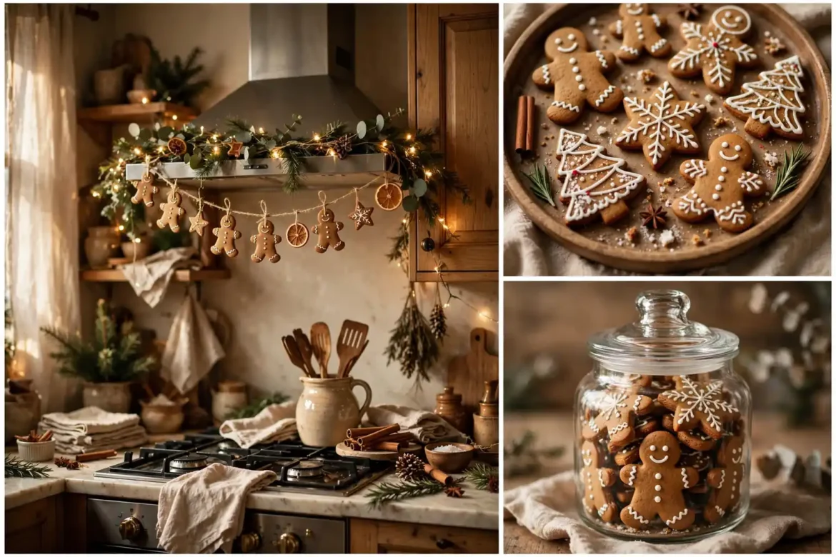 Gingerbread Christmas decor ideas featured collage with kitchen scene, cookie tray and cookie jar