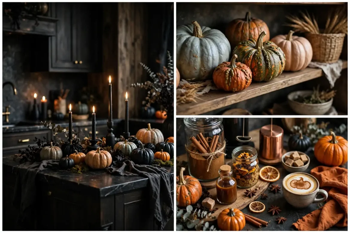 Collage of halloween kitchen decor ideas showing a candlelit island, pumpkin shelves, and a coffee station