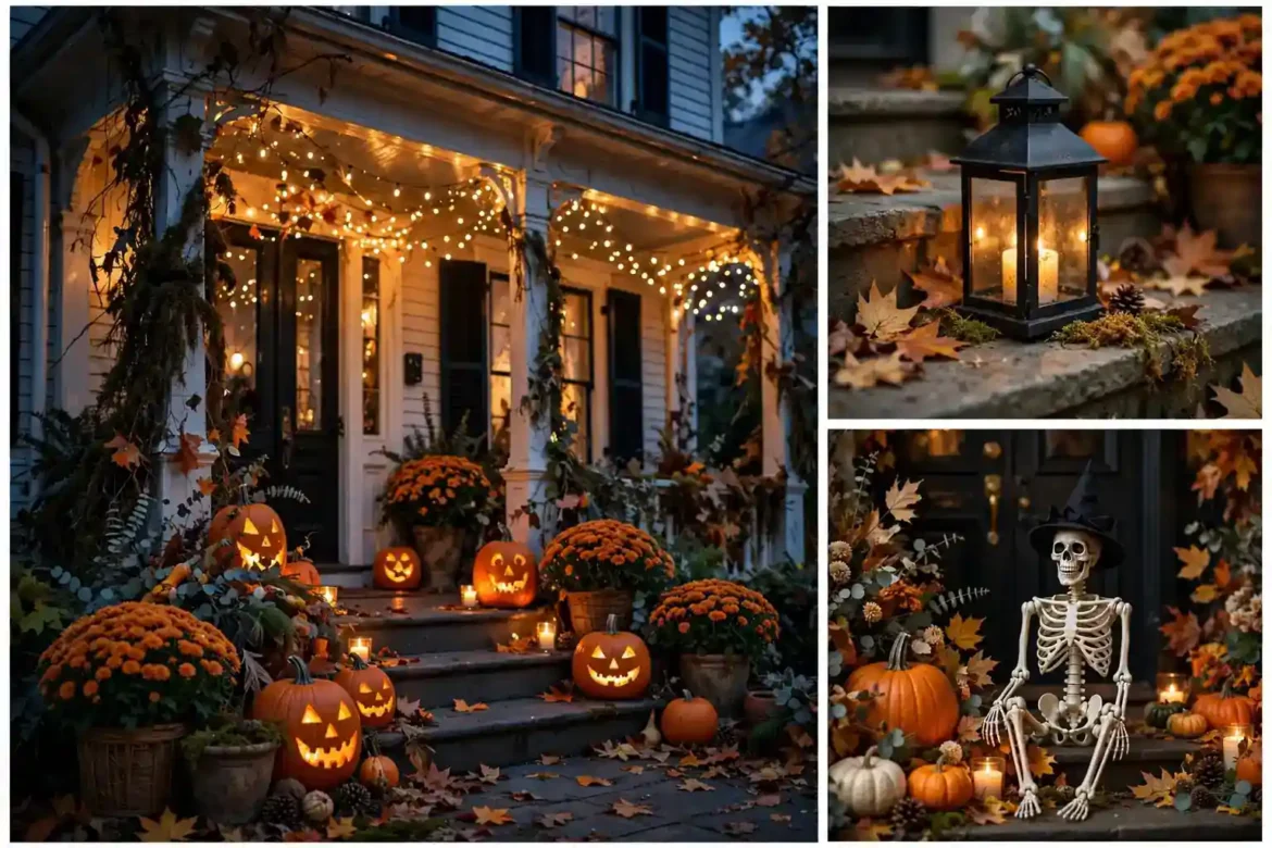 Classic halloween porch decor collage: glowing jack o lanterns, candlelit lanterns and a skeleton among pumpkins