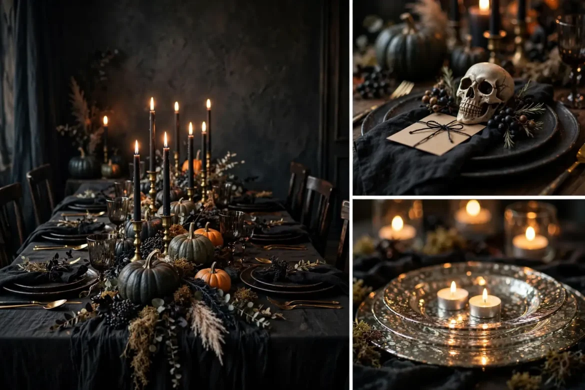 Collage of spooky stylish halloween table decor ideas showing a candlelit dinner table, a skull place setting and glowing mercury glass chargers